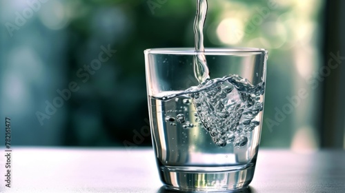Close-up of water being poured into a glass on a table with a blurred background in the distanceю A crystal-clear glass filled with cool, refreshing water, exuding a sense of purity and health. 