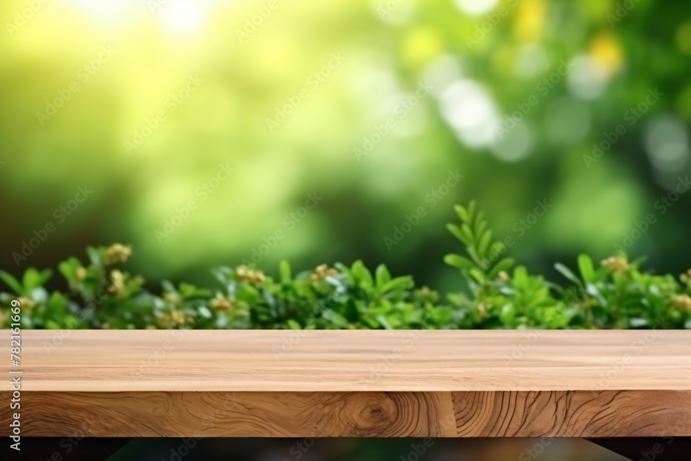 Empty wood table top on blur abstract green from garden background. Template mock up for display of product. Empty wood table top on green nature. Empty wood table top on blur abstract green from garden background. Template mock up for display of product. Empty wood table top on green nature.
