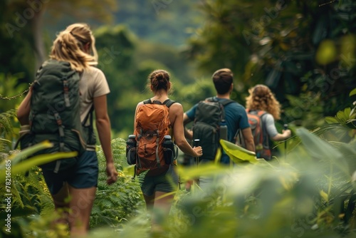 Hiking Harmony A group of friends trekking through a lush forest