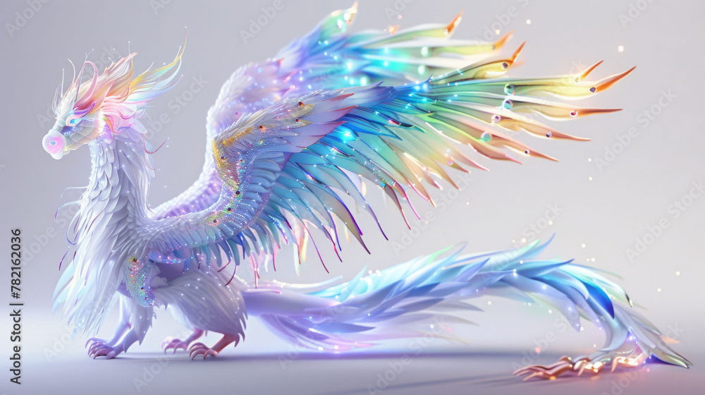 A fantastical iridescent dragon spreads its vibrant, feathered wings, combining elements of fantasy and dream-like coloration in a digital art piece. - obrazy, fototapety, plakaty 