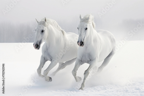 Two white horses galloping together on a snow-covered field on a background of a winter forest © khozainuz
