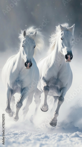 Two white horses galloping together on a snow-covered field on a background of a winter forest