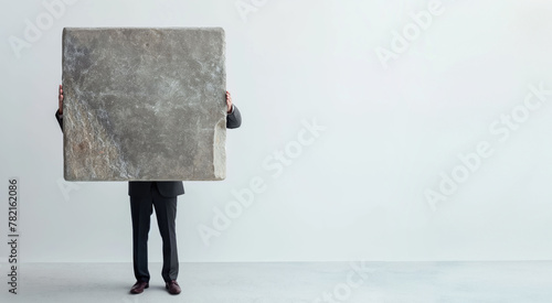 Businessman in suit holding a large cube stone holding a large cube stone in front of his head while standing full body length on isolated light pastel grey background photo