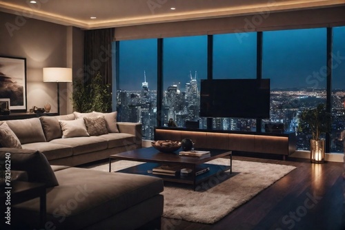 Luxury living room in the apartment with city view. © PNG&Background Image