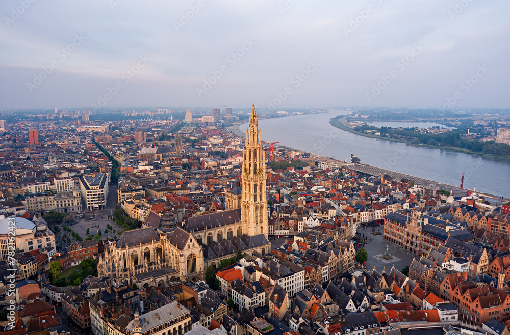 Antwerp, Belgium. Cathedral of Our Lady of Antwerp. River Scheldt (Escout). Summer morning. Aerial view