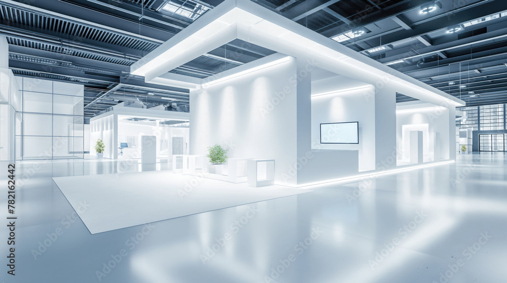 Empty exhibition stand in a large exhibition building with white interior Empty exhibition stand in a large exhibition building with white interior