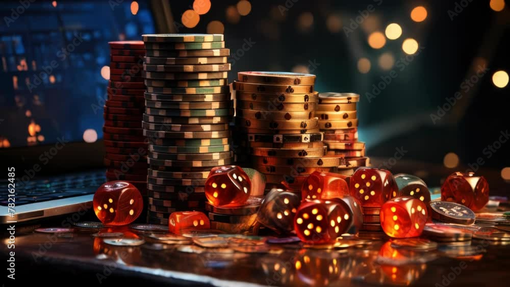 Casino theme, pile of golden and red casino chips, dice and laptop on dark background Casino theme, pile of golden and red casino chips, dice and laptop on dark background