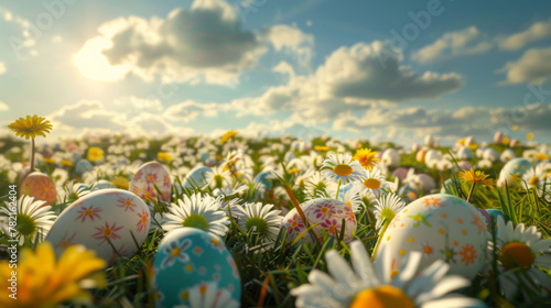 A magical Easter egg hunt scene with beautifully painted eggs nestled among vibrant spring daisies under a sunny sky. photo