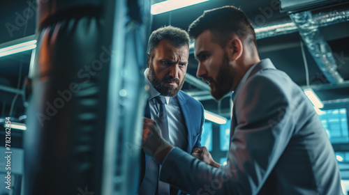 Two young businessman fighting with boxing gloves in the modern office	 photo