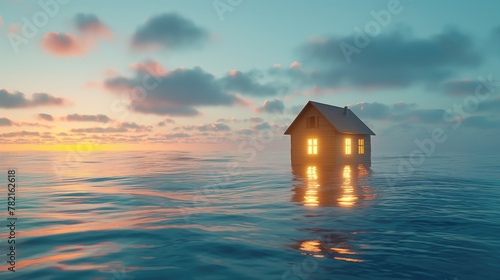 A house figure drowning in water, natural disasters and floods concept background