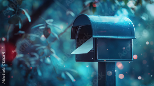 Closeup modern mailbox with blank letter paper on the yard of house, mailing and newsletter concept photo