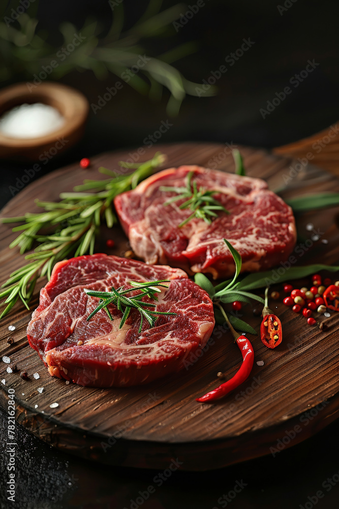 Gourmet Raw Lamb Chops with Fresh Rosemary and Spices on Wooden Board
