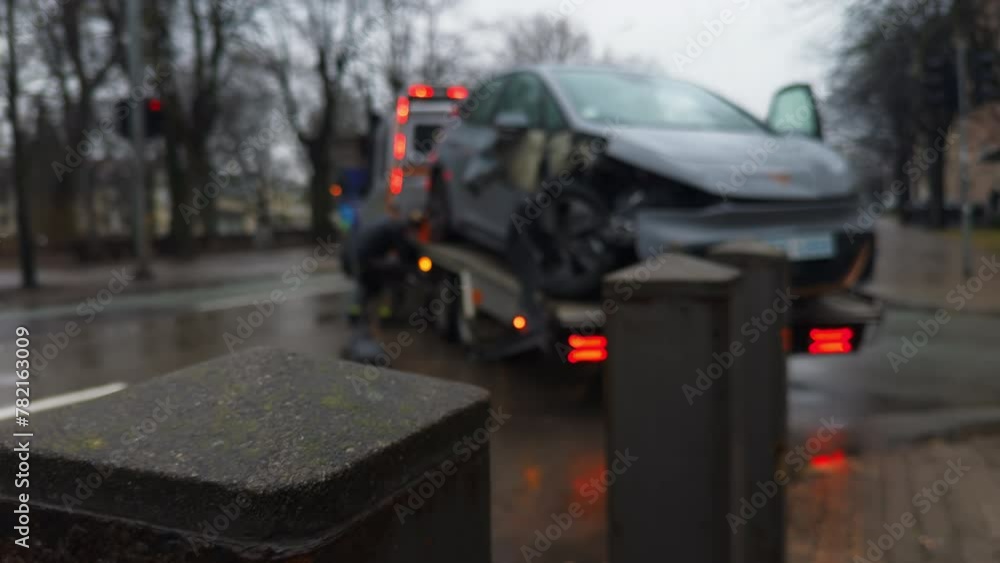 custom made wallpaper toronto digitalTow truck transporting a damaged car in city street