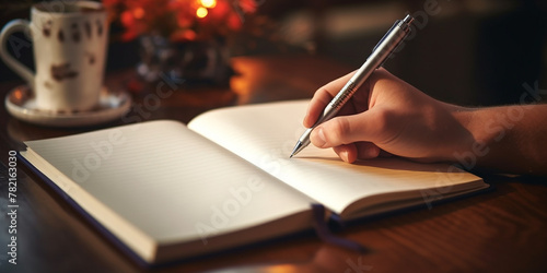person writing on a notebook, A  image of someone's hand writing in a notebook with a pen, capturing the act of jotting down ideas, notes, and sketches photo