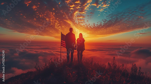 group of people holding a flag with pride against a beautiful sunset sky