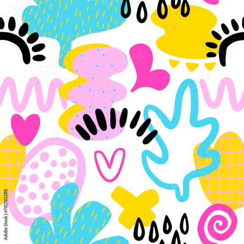 Seamless chaotic funny print with abstract shapes, spots. Cool texture background. Wallpaper for girls. Fashion style pattern