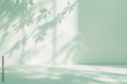 Minimal abstract background, light and shadow of tree leaves. Cosmetic product presentation. Premium podium. Pastel mint green wall, white table. Showcase display case. Front view. Mockup ad. Olive © Marina Demidiuk