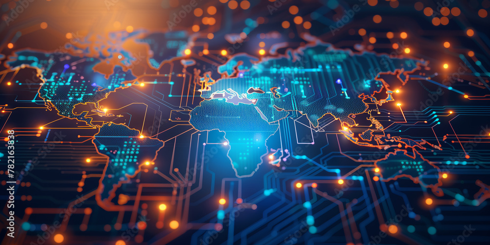 Global Network and Data Exchange on Circuit World Map Global Network and Data Exchange on Circuit World Map