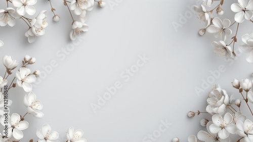 Border of white spring flowers on a light grey background with space for text