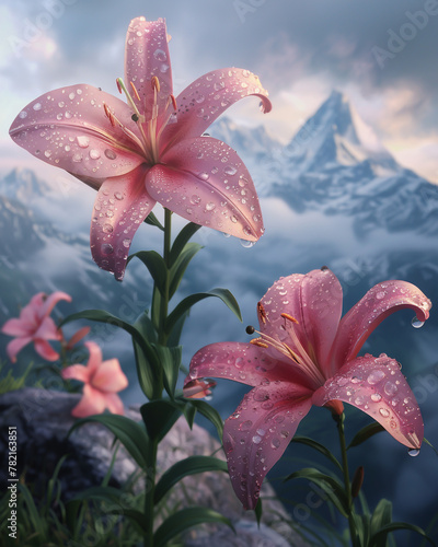 Three stunning pink lilies, hyper-realistic, nestled on a mountain slope with dew drops. photo