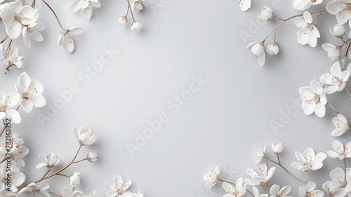 Border of white spring flowers on a light grey background with space for text © MCGORIE