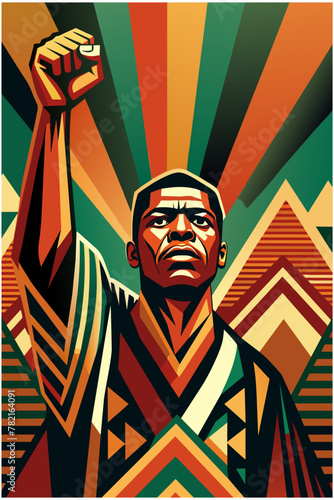 Ethnic poster with cultural pattern. Symbolizing freedom and diversity. Pride african man with fist raised, symbol of african struggle. Black history month or juneteenth