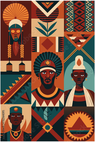 Pride man's face for black history month or juneteenth. Ethnic poster with african pattern. Stylized african man with traditional clothing cultural diversity in modern african poster
