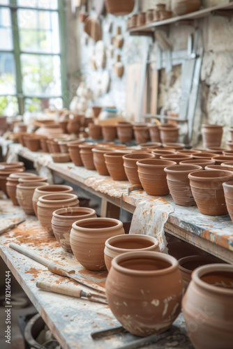 Artisanal Pottery Studio with Freshly Thrown Clay Pots on Workbench © smth.design