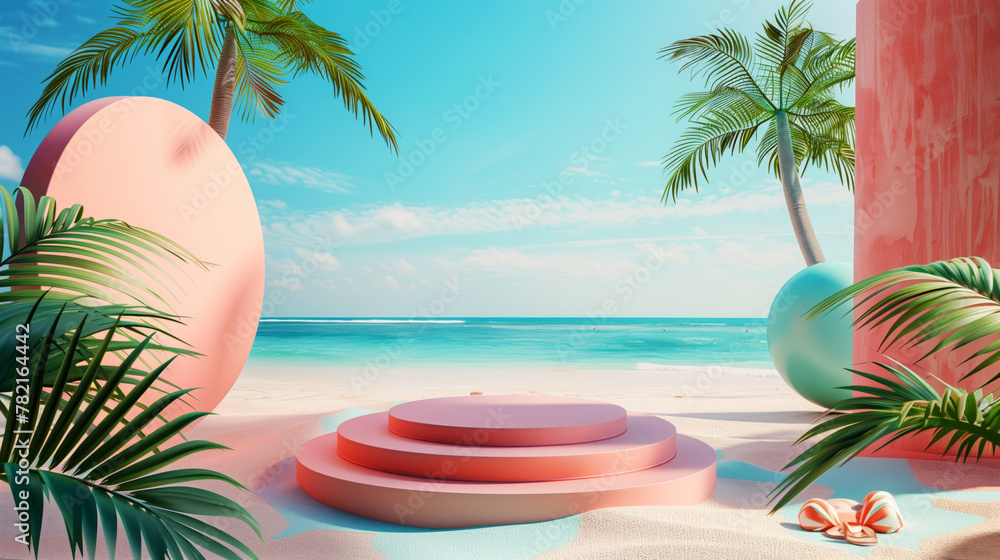 Stylized tropical beach scene with geometric shapes and palm trees