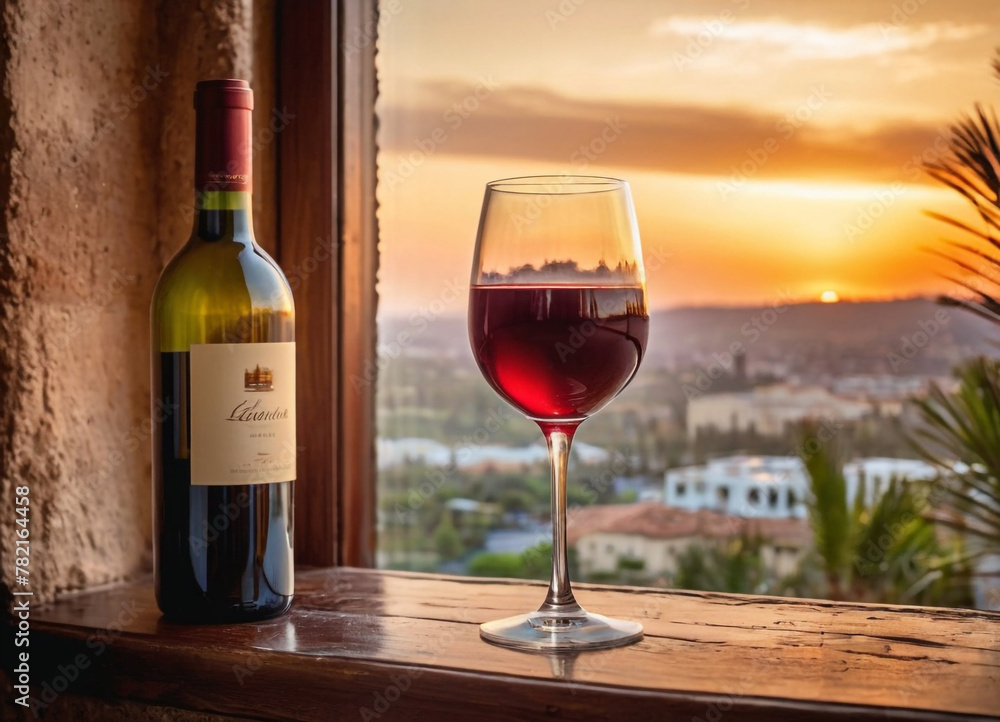 A serene and romantic moment with a glass of red wine placed on a wooden window sill. The beautiful cityscape silhouette against the sunset sky, visible outside the open window.