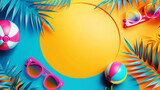 Summer-themed background with tropical leaves, sunglasses, and beach balls