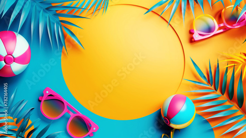Summer-themed background with tropical leaves, sunglasses, and beach balls photo