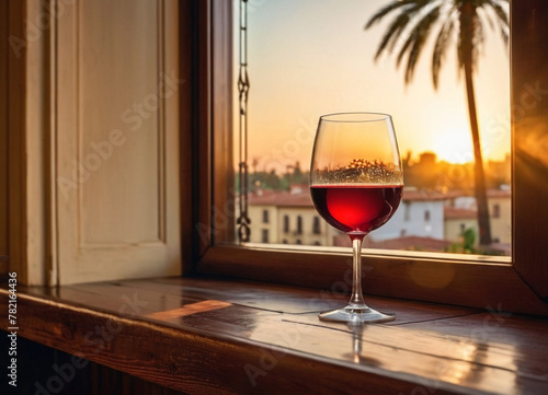 A serene and romantic moment with a glass of red wine placed on a wooden window sill. The beautiful cityscape silhouette against the sunset sky  visible outside the open window.