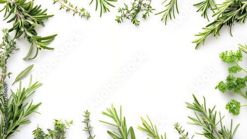 Border of rosemary and other green herbs on a white background with room for text photo
