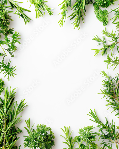 Border of rosemary and other green herbs on a white background with room for text