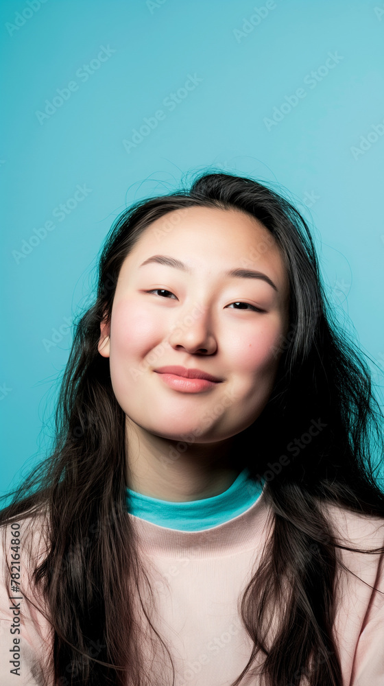 Youthful East Asian Woman on Light Blue Background Youthful East Asian Woman on Light Blue Background