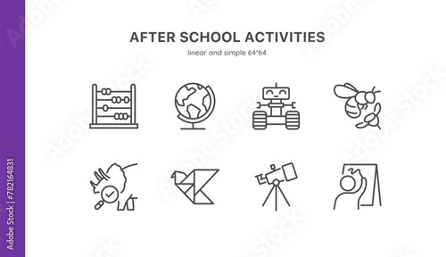 After School Activities Icon Set. Thin Line Signs of Educational Fun and Play Activities Including Mathematics, Geography, Robotics, Nature Study, Origami, Astronomy, and Art. Editable Stoke Vector.