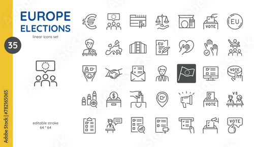 European Elections 2024 Icon Set: Voting and Democracy Symbols. Includes Ballot Box, EU Parliament, Voting Hands, Check Marks, and Debate Emblems. photo