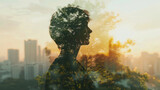 A harmonious blend of human presence within urban and natural landscapes, depicted through double exposure photography.