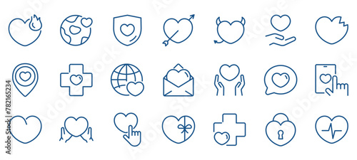 Set of Hearts Icon. Vector Heart Sign Collection - For Theme of Love, Romance, Friendship and Support. Hearts with horns, arrows, in envelope, gift, with planet, cross, shield,  photo