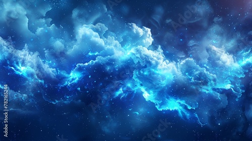 Lightning and blue smoke cloud bottom frame. Mysterious lightning glow border wide panoramic element. Fluffy magic spell mist glow with bolt energy charge overlay turquoise. © Mark