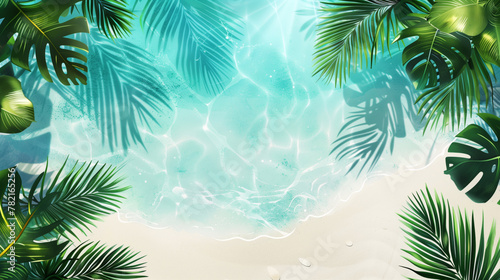 Illustration of a tropical beach scene with palm leaves and clear blue water