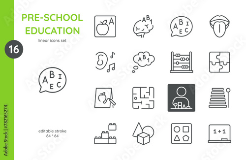 Pre-School Education Icons Set. Linear Editable Stroke Symbols for Early Learning and Child Development Activities.