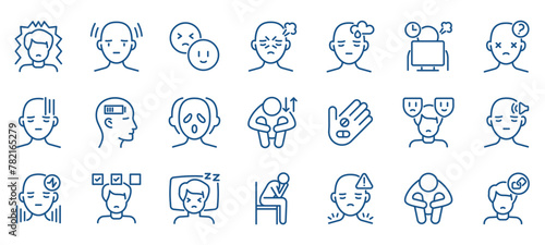 Mental Health Awareness Icon Set. Collection of Outline Symbols for Neurosis, Stress, and Mental Conditions.