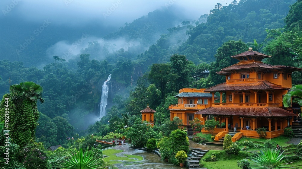 Highlighting the serenity of Nepalese temples amidst lush greenery and cascading waterfalls. Highlighting the serenity of Nepalese temples amidst lush greenery and cascading waterfalls.