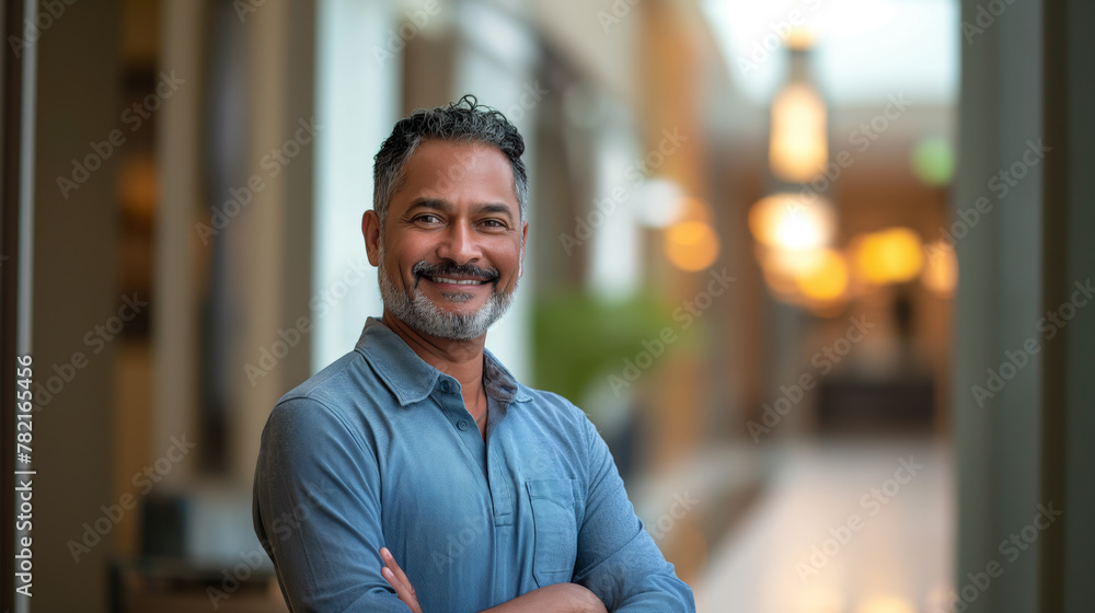 A middle-aged Indian man in his late 40s, standing in a lane outside his house, smiling for the camera in an urban setting A middle-aged Indian man in his late 40s, standing in a lane outside his house, smiling for the camera in an urban setting