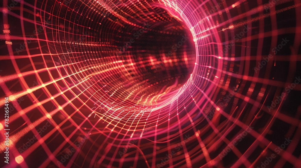 Fototapeta premium spiral technology in action with an abstract red grid wormhole, a 3d cosmic portal designed to represent the energy vortex and movement of space in a futuristic design