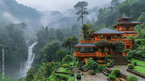 Highlighting the serenity of Nepalese temples amidst lush greenery and cascading waterfalls.