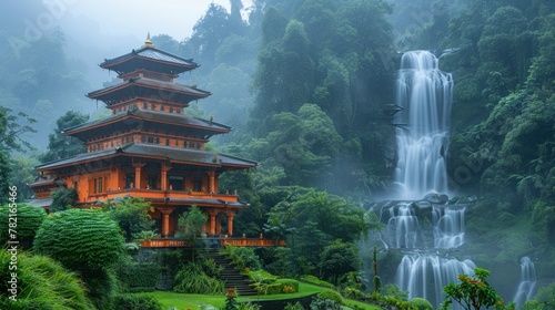 Highlighting the serenity of Nepalese temples amidst lush greenery and cascading waterfalls.