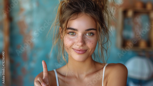 Portrait of attractive flirty funny cheerful girl winking pointing forefingers at you isolated over vibrant blue color background. photo